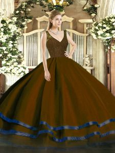 New Style V-neck Sleeveless Sweet 16 Quinceanera Dress Floor Length Beading and Ruffled Layers Brown Tulle