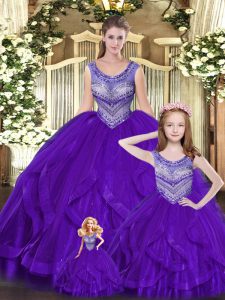 Spectacular Eggplant Purple Sleeveless Tulle Lace Up Sweet 16 Quinceanera Dress for Military Ball and Sweet 16 and Quinceanera