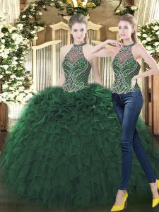 Sleeveless Organza Floor Length Lace Up Quinceanera Gown in Dark Green with Beading and Ruffles