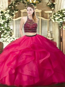 Excellent Hot Pink Sleeveless Beading and Ruffles Floor Length Sweet 16 Dress