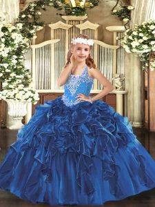 Glorious Sleeveless Floor Length Beading and Ruffles Lace Up Pageant Gowns with Blue