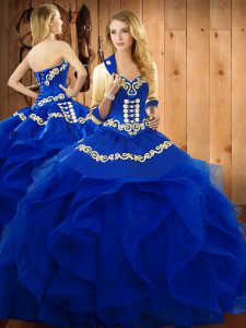 Sleeveless Floor Length Embroidery and Ruffles Lace Up Ball Gown Prom Dress with Blue