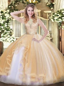 Lace and Ruffles 15th Birthday Dress Champagne Backless Sleeveless Floor Length