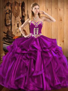 Exceptional Fuchsia Ball Gowns Embroidery and Ruffles Sweet 16 Dress Lace Up Organza Sleeveless Floor Length