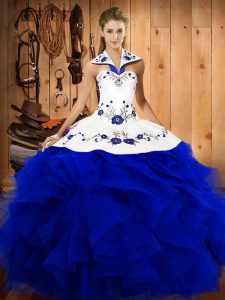 Traditional Halter Top Sleeveless Tulle Sweet 16 Dresses Embroidery and Ruffles Lace Up