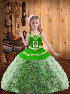 Latest Multi-color Ball Gowns Embroidery and Ruffles Kids Formal Wear Lace Up Fabric With Rolling Flowers Sleeveless Floor Length
