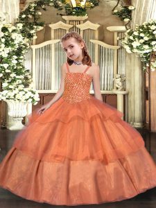 High End Straps Sleeveless Lace Up Little Girls Pageant Dress Wholesale Orange Organza