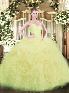 Fabulous Light Yellow Organza Lace Up 15th Birthday Dress Sleeveless Floor Length Beading and Ruffles