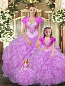 Trendy Lilac Sleeveless Tulle Lace Up Ball Gown Prom Dress for Military Ball and Sweet 16 and Quinceanera