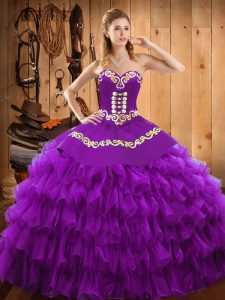 Sleeveless Satin and Organza Floor Length Lace Up Sweet 16 Dress in Purple with Embroidery and Ruffled Layers