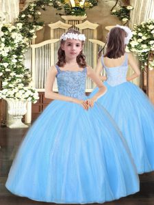 Baby Blue Tulle Lace Up Straps Sleeveless Floor Length Little Girl Pageant Gowns Beading