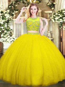Romantic Gold Quince Ball Gowns Military Ball and Sweet 16 and Quinceanera with Beading Scoop Sleeveless Zipper