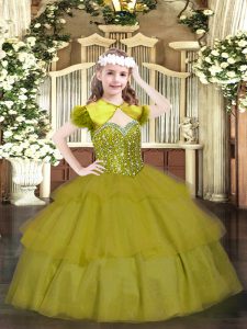 Straps Sleeveless Organza Winning Pageant Gowns Beading and Ruffled Layers Lace Up
