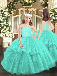 Stunning Floor Length Ball Gowns Sleeveless Turquoise Little Girls Pageant Dress Zipper