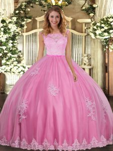 Free and Easy Sleeveless Floor Length Lace and Appliques Clasp Handle Quinceanera Dresses with Rose Pink