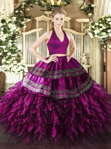 Fuchsia Two Pieces Organza Halter Top Sleeveless Appliques and Ruffles Floor Length Zipper 15 Quinceanera Dress