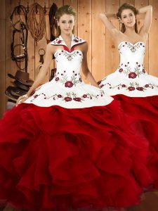 High End Floor Length Lace Up Sweet 16 Quinceanera Dress Wine Red for Military Ball and Sweet 16 and Quinceanera with Embroidery and Ruffles
