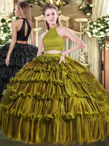 Unique Olive Green Organza Backless Vestidos de Quinceanera Sleeveless Floor Length Beading and Ruffled Layers