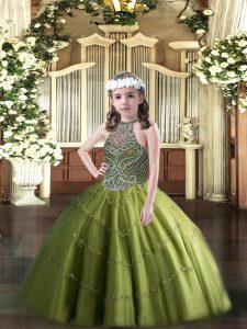 Olive Green Lace Up Evening Gowns Beading Sleeveless Floor Length
