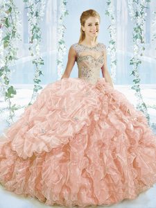 Sleeveless Brush Train Lace Up Beading and Ruffles Ball Gown Prom Dress