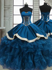 Beading and Ruffles Quinceanera Gown Blue Lace Up Sleeveless Floor Length