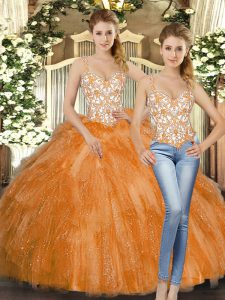 Elegant Beading and Ruffles Quinceanera Gown Orange Red Lace Up Sleeveless Floor Length