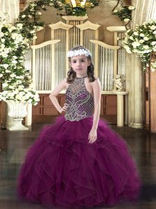 Lovely Purple Pageant Gowns For Girls Party and Quinceanera with Beading and Ruffles Halter Top Sleeveless Lace Up