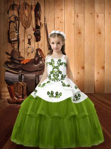 Straps Sleeveless Pageant Dress Toddler Floor Length Embroidery Olive Green Tulle