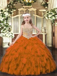Stylish Brown Ball Gowns Beading and Ruffles Girls Pageant Dresses Lace Up Tulle Sleeveless Floor Length