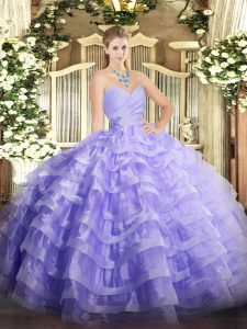 Sleeveless Floor Length Beading and Ruffled Layers Lace Up Sweet 16 Dress with Lavender