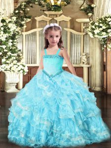 Sleeveless Organza Floor Length Lace Up Little Girls Pageant Dress Wholesale in Light Blue with Appliques and Ruffled Layers