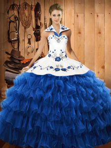 Enchanting Blue Ball Gowns Halter Top Sleeveless Organza Floor Length Lace Up Embroidery and Ruffled Layers Quinceanera Dress