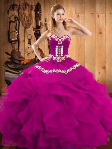 Floor Length Fuchsia Quinceanera Gowns Satin and Organza Sleeveless Embroidery and Ruffles