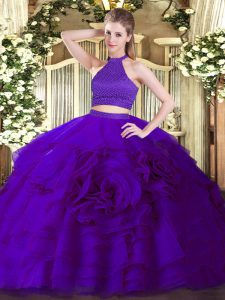 Luxurious Purple Tulle Backless Quinceanera Gowns Sleeveless Floor Length Beading and Ruffles