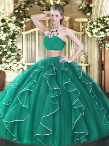 Turquoise Two Pieces Beading and Ruffles 15th Birthday Dress Backless Tulle Sleeveless Floor Length