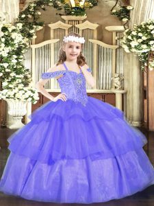 Floor Length Lavender Pageant Dress Womens Organza Sleeveless Beading and Ruffled Layers