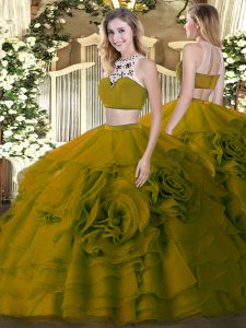 Modern Sleeveless Floor Length Beading and Ruffled Layers Backless Quinceanera Dresses with Olive Green