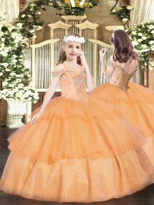 Fashion Orange Ball Gowns Organza Off The Shoulder Sleeveless Beading and Ruffled Layers Floor Length Lace Up Pageant Dress for Womens