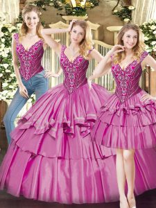 Modest Organza V-neck Sleeveless Lace Up Beading and Ruffled Layers Sweet 16 Quinceanera Dress in Fuchsia