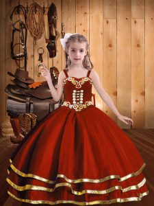 High Quality Straps Sleeveless Girls Pageant Dresses Floor Length Beading and Embroidery and Ruffled Layers Rust Red Organza