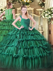 Custom Designed Green Sleeveless Floor Length Ruffled Layers Zipper Sweet 16 Quinceanera Dress