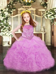 Floor Length Lilac Kids Formal Wear Organza Sleeveless Beading and Ruffles and Pick Ups