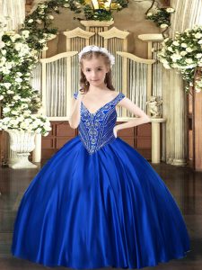Floor Length Royal Blue Child Pageant Dress V-neck Sleeveless Lace Up