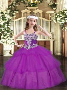 Lovely Fuchsia Ball Gowns Organza Straps Sleeveless Appliques and Ruffled Layers Floor Length Lace Up Little Girls Pageant Dress