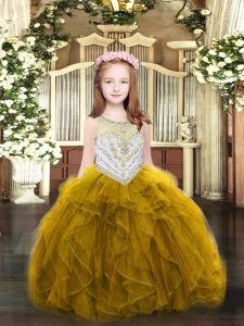 Scoop Sleeveless Little Girl Pageant Dress Floor Length Beading and Ruffles Gold Organza