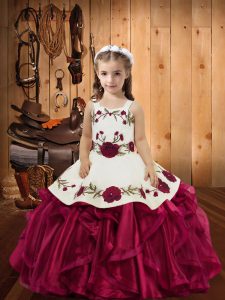 Superior Red Ball Gowns Organza Straps Sleeveless Embroidery and Ruffles Floor Length Lace Up Child Pageant Dress