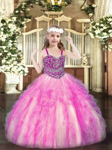 Straps Sleeveless Little Girl Pageant Gowns Floor Length Beading and Ruffles Rose Pink Organza