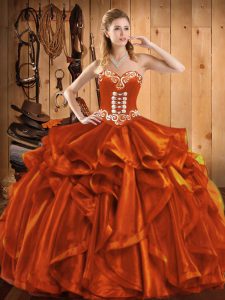 Custom Designed Rust Red Ball Gowns Embroidery Sweet 16 Dress Lace Up Organza Sleeveless Floor Length