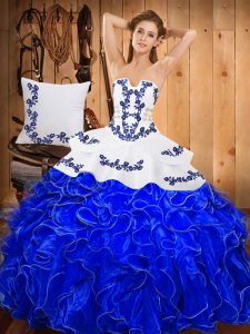 Lovely Blue And White Satin and Organza Lace Up Sweet 16 Dress Sleeveless Floor Length Embroidery and Ruffles
