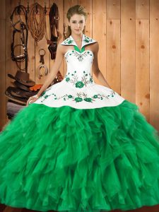 Ball Gowns Sweet 16 Dresses Green Halter Top Satin and Organza Sleeveless Floor Length Lace Up